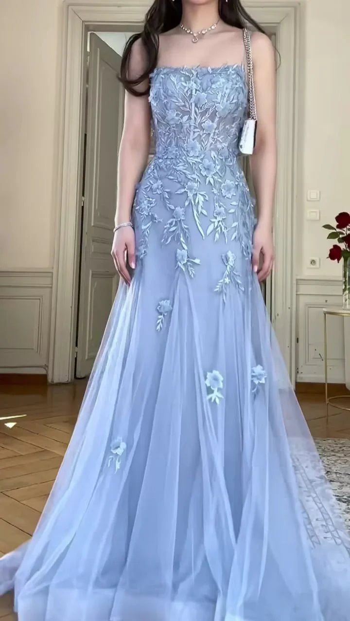 Vestido de Noite Sereia Comprido com Aplicações de Tule Azul Elegante Vestido de Baile Y8156