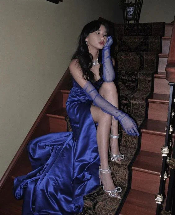 Vestido longo de noite elegante em cetim azul, vestido de concurso Y2621