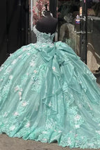 Encantador vestido de gala sin tirantes con apliques de encaje, vestido de cumpleaños quinceañera línea A verde Y8246