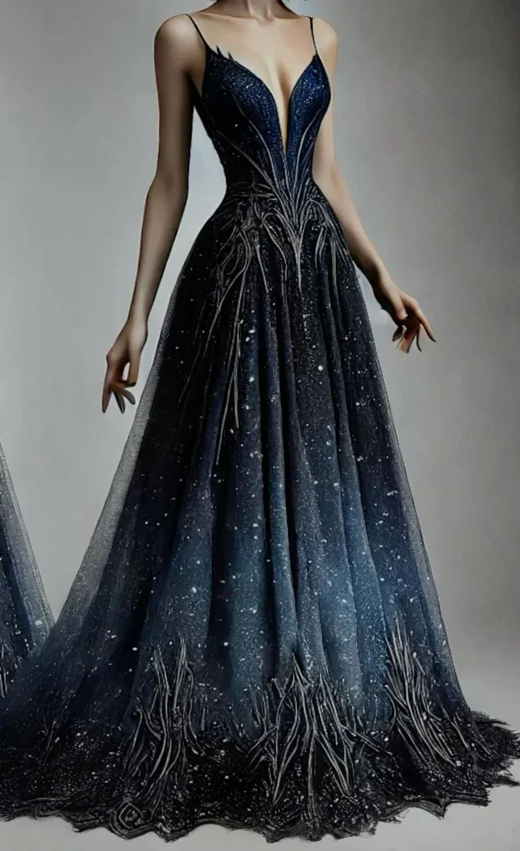 Vestido de Noite Formal com Apliques de Lantejoulas Azul Marinho Brilhantes Vestido de Baile Y8410