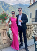 Vestido longo de cetim rosa choque com um ombro só para baile de finalistas vestido de festa para a noite Y8002