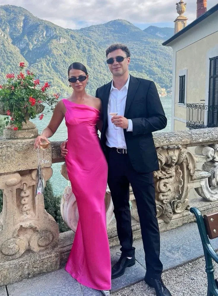 Vestido longo de cetim rosa choque com um ombro só para baile de finalistas vestido de festa para a noite Y8002