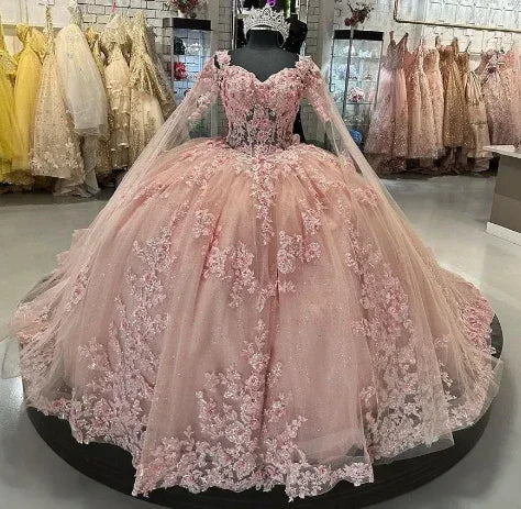 Abiti rosa per Quinceañera con spalle scoperte, fiori, applicazioni in pizzo, perline, gonfi, da festa, principessa, abito da ballo per dolce sedicesimo Y2936
