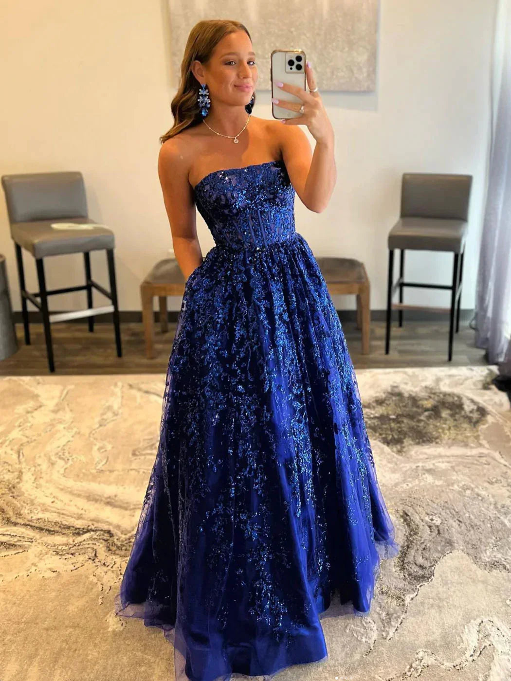 Robe longue de bal en tulle bleu à sequins, robe de soirée en tulle bleu Y3065