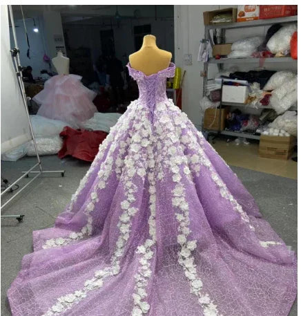 Robe de bal somptueuse Y906 en lilas doux à fleurs 3D, épaules dénudées, taille 15