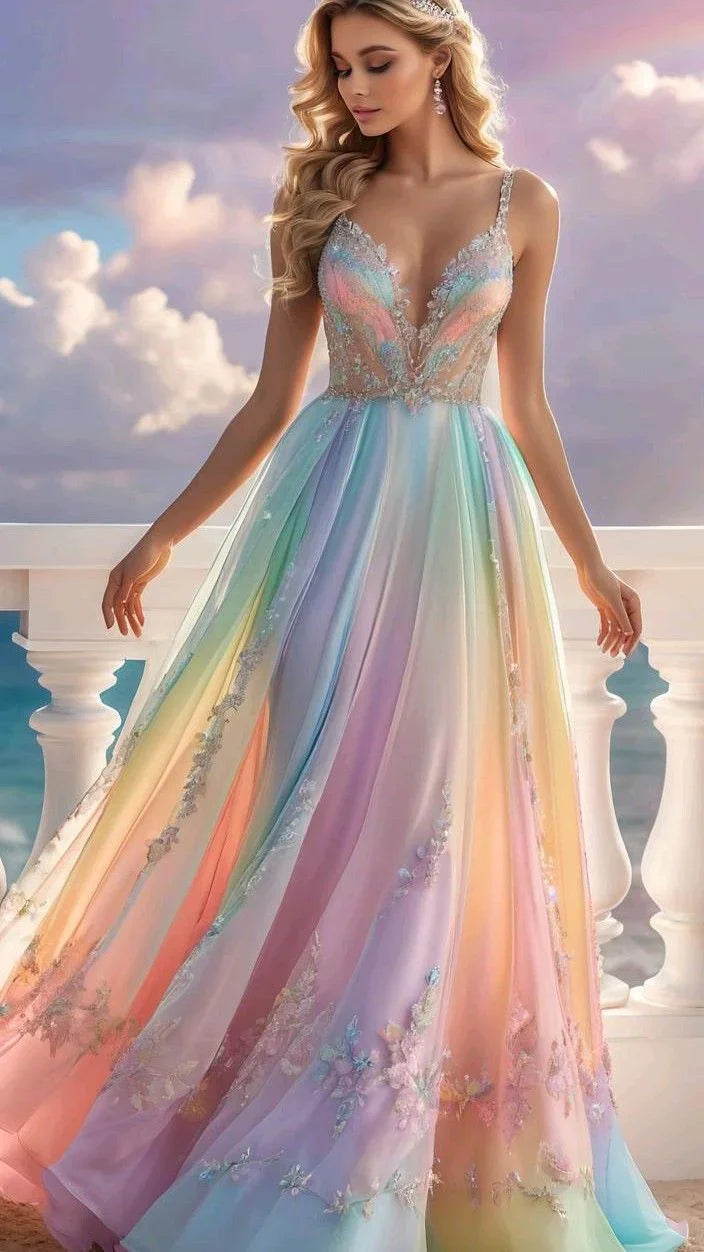 Colorful Chiffon Lace Appliques Evening Dress A Line Formal Prom Dress Y8333