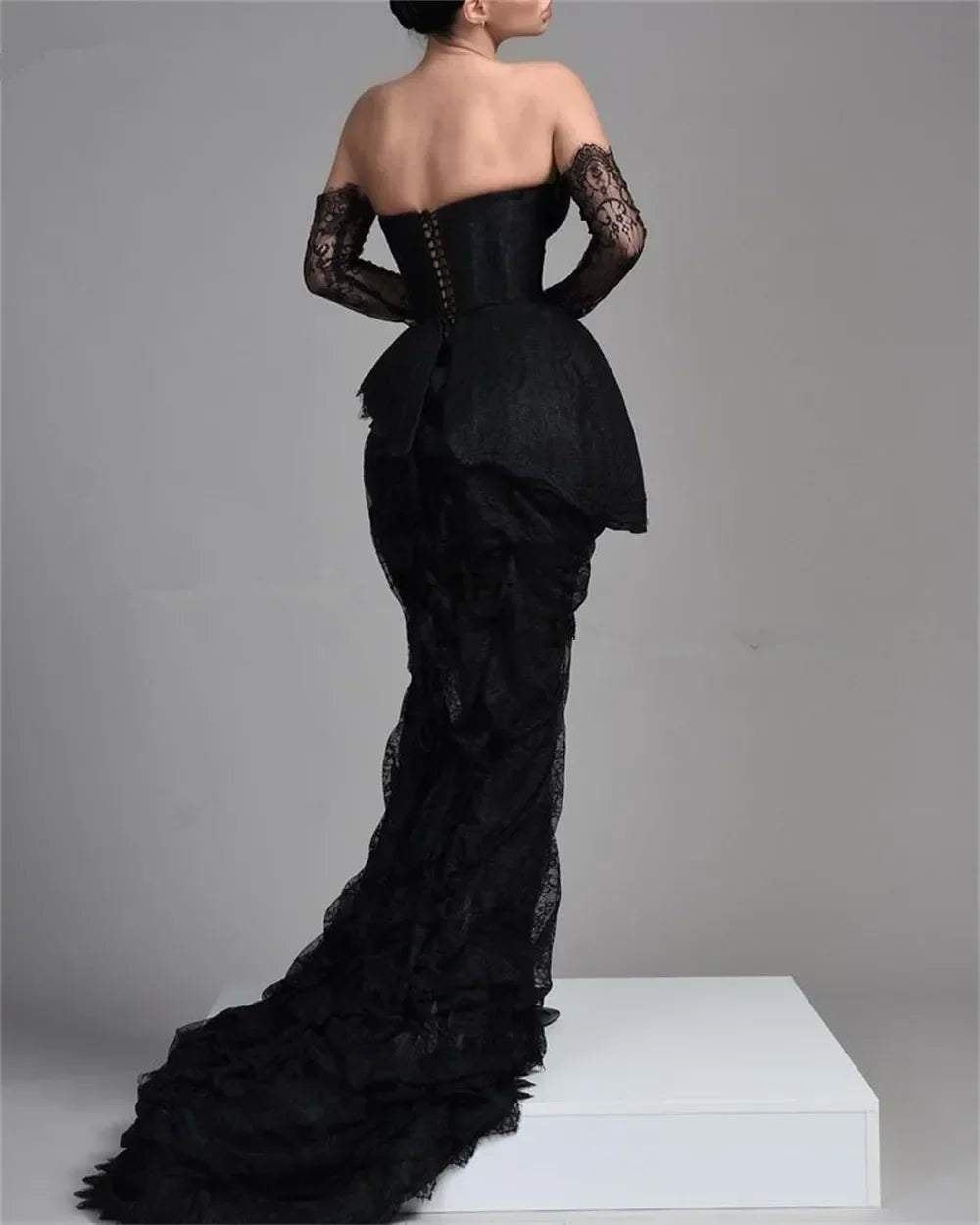 Vintage Black Lace Evening Dress,Black Gala Dress Y1910