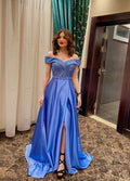 Vestido de Baile Azul com Ombros Descobertos e Corte em A Vestido de Noite Azul Y5778