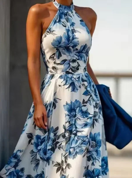 New Arrive Sleeveless Satin Floral Print Halter Neck A Line Evening Dress Blue Prom Dress Y8480