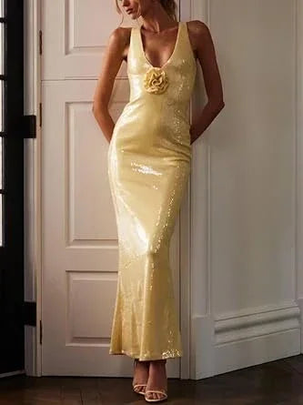 Vestito da sera aderente giallo con paillettes a scollo a V e fiori Y7891