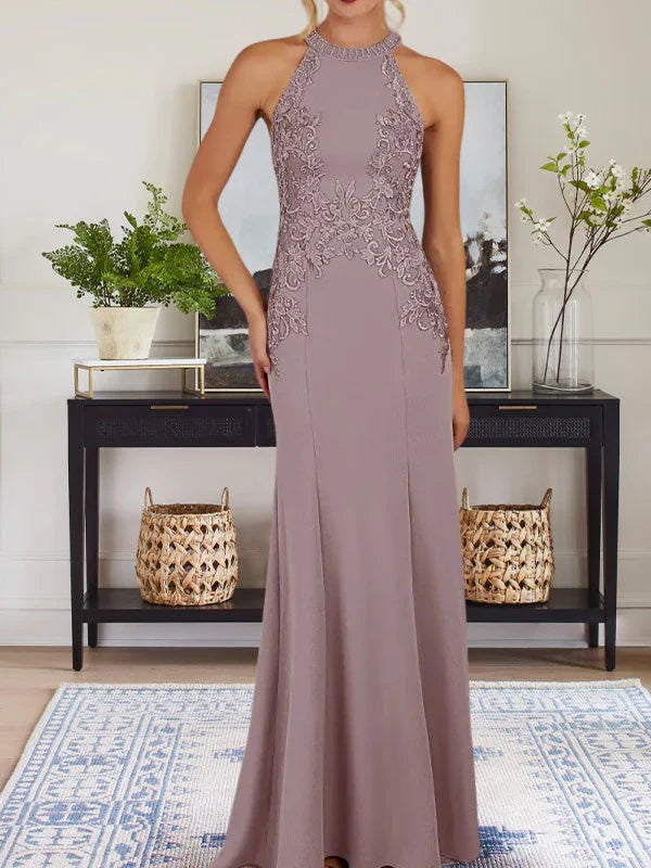 Vestido largo azul polvoriento tipo funda con cuello halter para madre de la novia con apliques