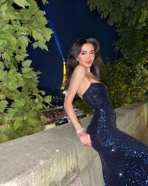 Abito lungo da sera con paillettes blu marina scintillanti, abito luccicante Y2945
