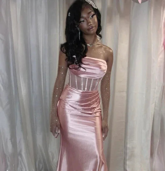 Vestido de noite longo de cetim rosa, estilo sereia, sem alças, para baile Y7721
