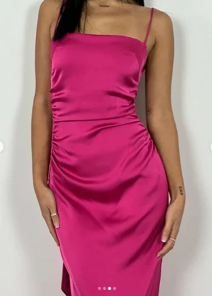 Abito lungo da sera aderente rosa acceso, senza schienale, elegante per ballo Y7894
