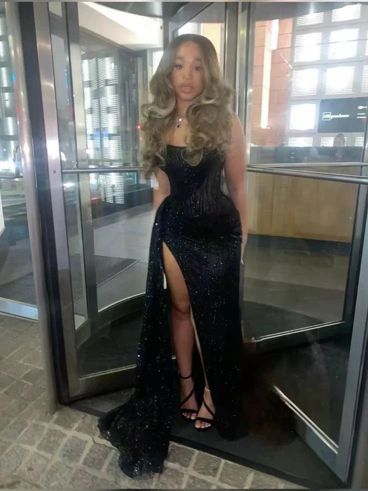 Abito lungo da sera nero con pizzo sexy, paillettes, spacco e taglio a sirena Y8055