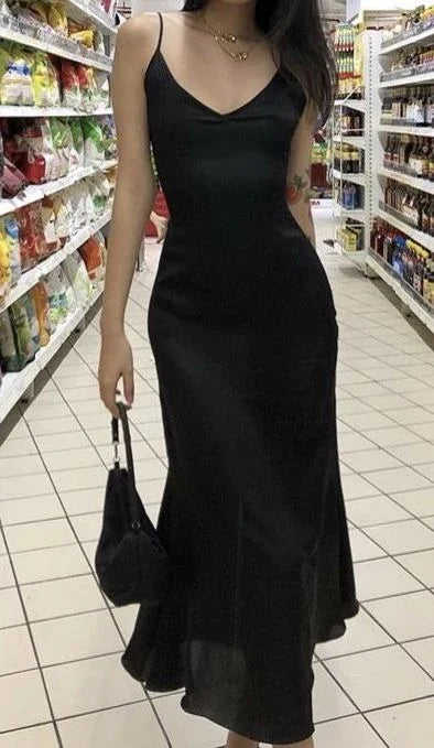 Abito da sera elegante in chiffon nero con spalline sensuali Y7839