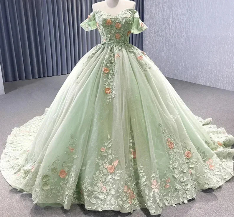 Robe de bal verte matcha à épaules dénudées avec appliques florales, dos à lacets scintillants, pour quinceañera, concours, occasion spéciale, gala Y2190