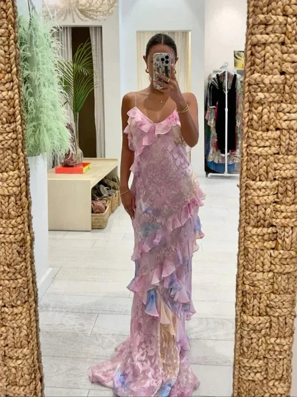 Abito da sera incantevole con spalline sottili romantiche, scollo a V, chiffon stampato, abito da ballo Y2306