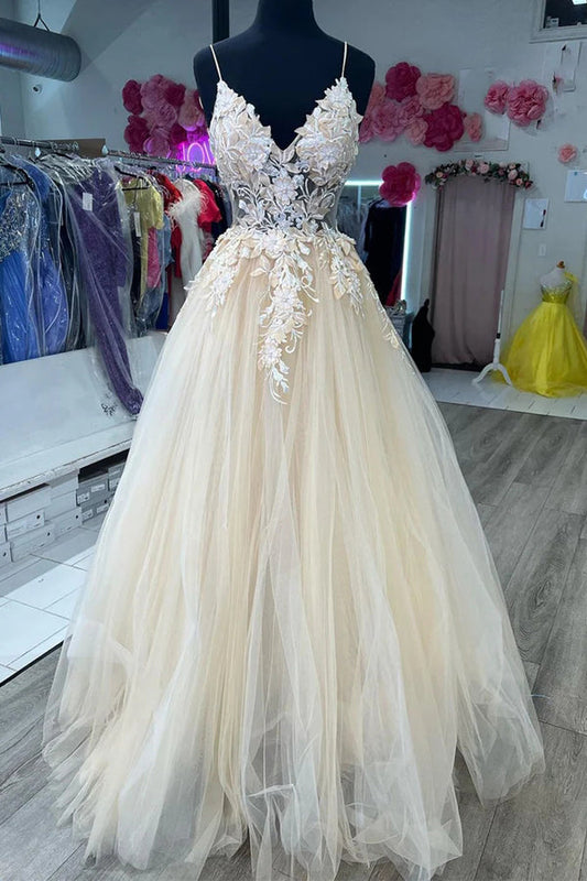 V-Ausschnitt Champagner Tüll Spitze Brautkleider Brautkleid