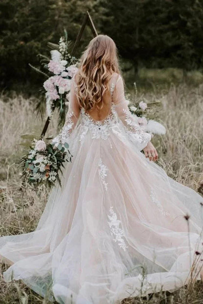 V-Ausschnitt Langarm Brautkleid Rustikales Brautkleid