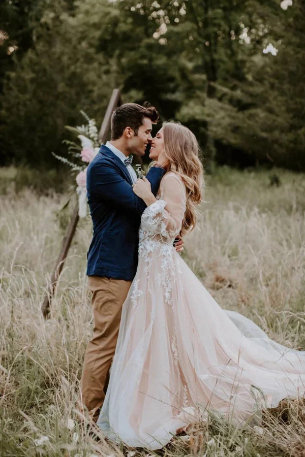 V-Ausschnitt Langarm Brautkleid Rustikales Brautkleid