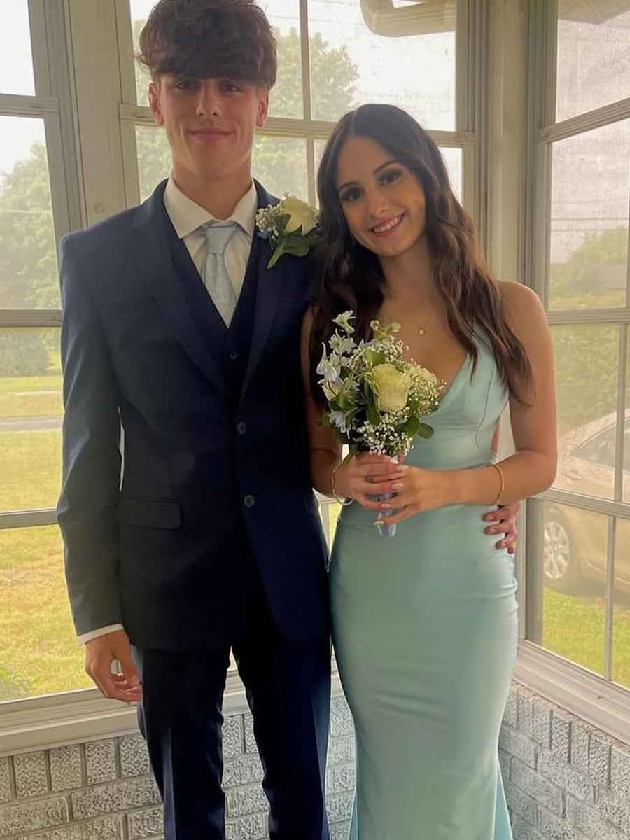 Aqua Blue V Neck Mermaid Satin Long Prom Dress With Side Cutouts