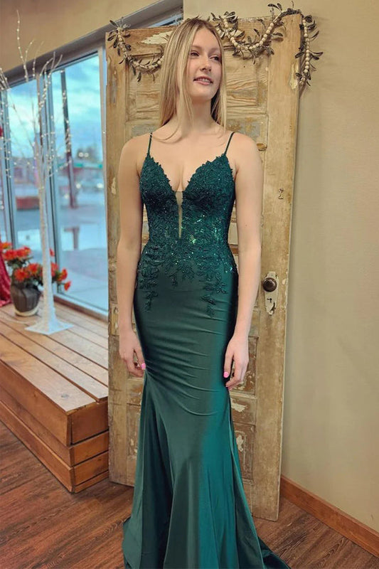 Vestido de fiesta largo de sirena de satén con escote en V, color verde oscuro, con apliques