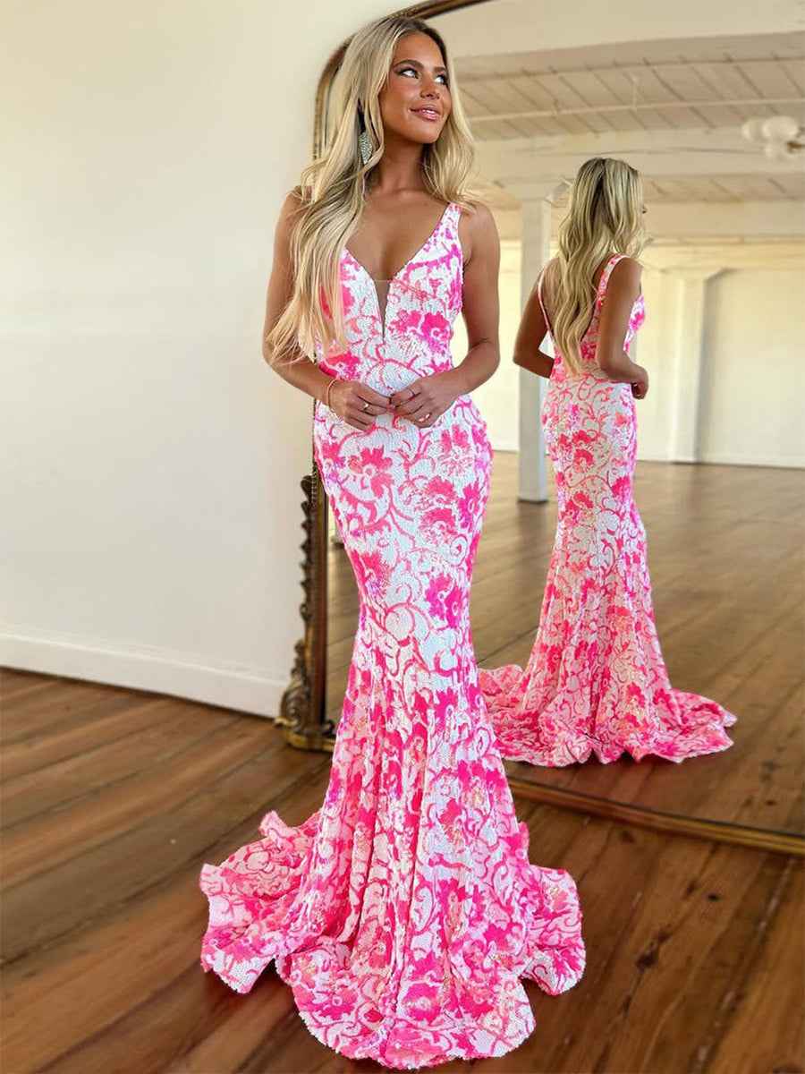 V Neck Sequin Lace Mermaid Prom Dress Pink Two Tone Floral Pattern