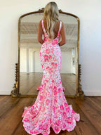V Neck Sequin Lace Mermaid Prom Dress Pink Two Tone Floral Pattern