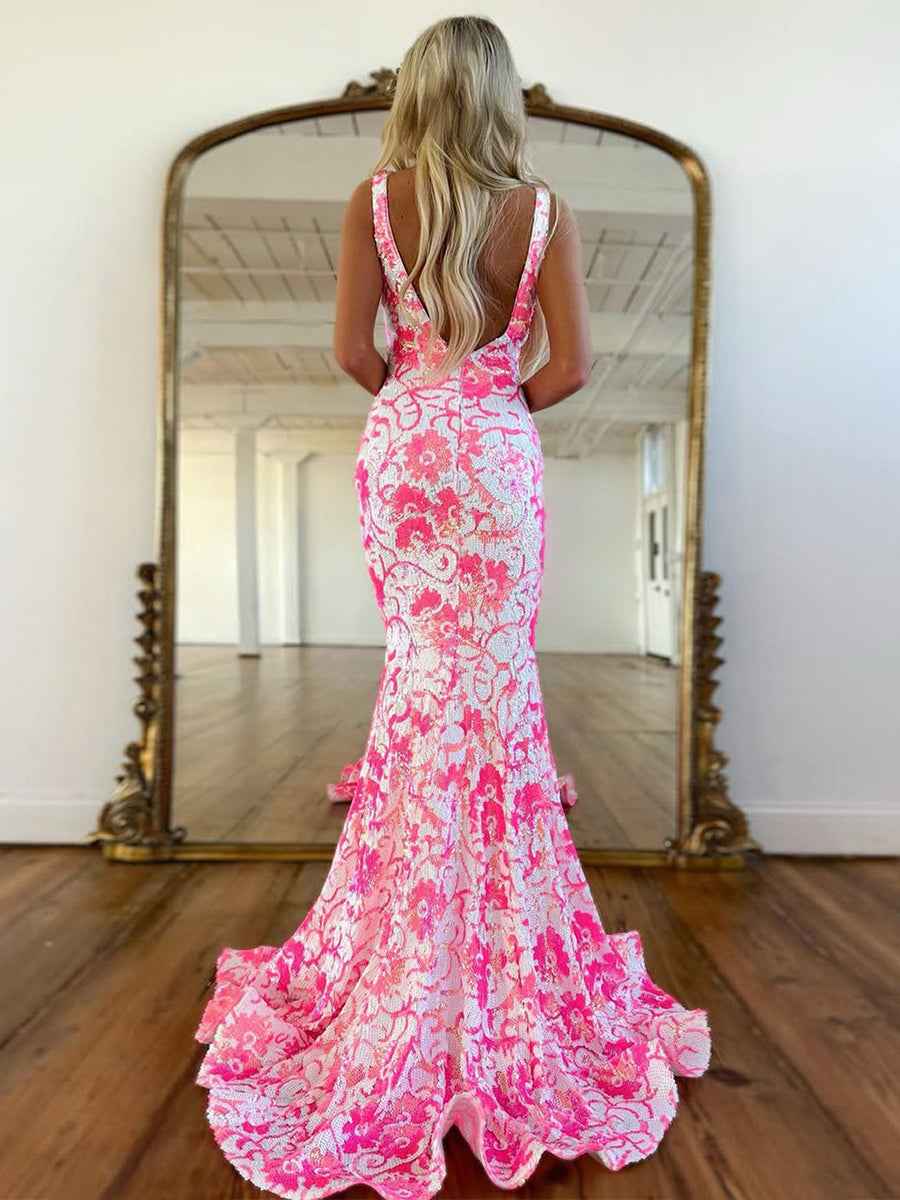 V Neck Sequin Lace Mermaid Prom Dress Pink Two Tone Floral Pattern