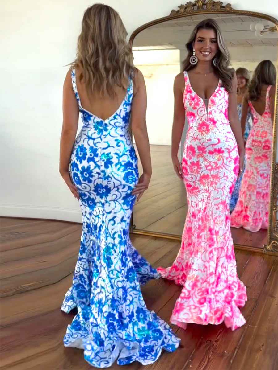 V Neck Sequin Lace Mermaid Prom Dress Pink Two Tone Floral Pattern