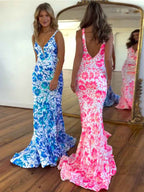 V Neck Sequin Lace Mermaid Prom Dress Pink Two Tone Floral Pattern