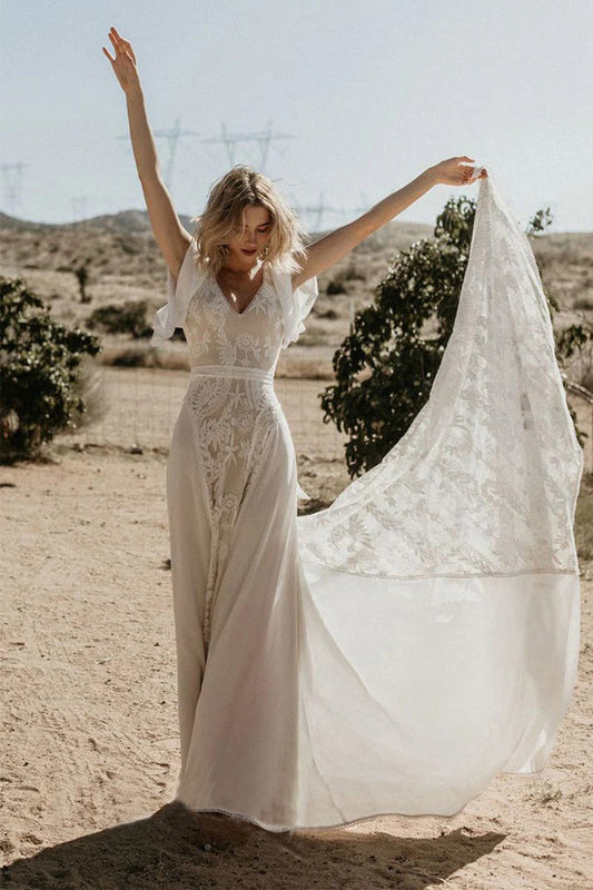 V-Ausschnitt Rückenfreies Spitzen-Chiffon-Bohemian-Brautkleid