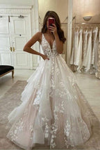 V Neckline Tired Tulle A-line Lace Wedding Dress Floor Length