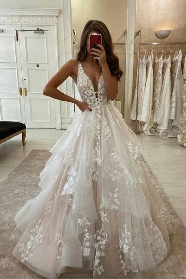V Neckline Tired Tulle A-line Lace Wedding Dress Floor Length