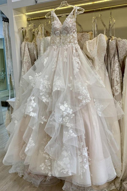 V-Ausschnitt Müde Tüll A-Linie Spitze Brautkleid Bodenlang