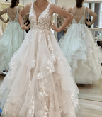 V Neckline Tired Tulle A-line Lace Wedding Dress Floor Length