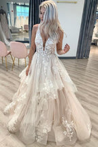 V Neckline Tired Tulle A-line Lace Wedding Dress Floor Length