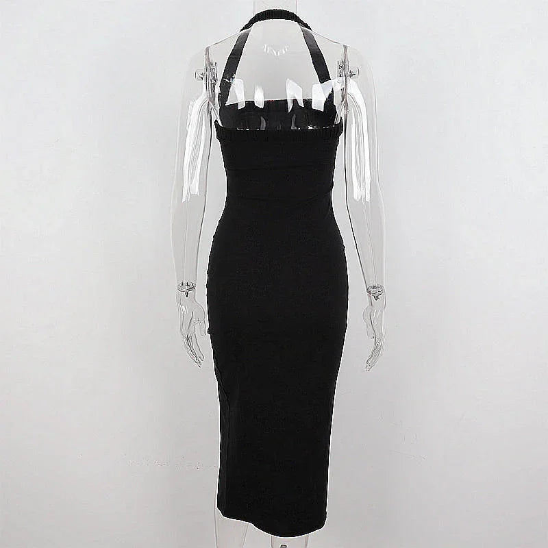 Abito da sera nero da donna con collo all'americana e spacco, abito elegante nero senza maniche Y1161
