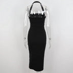 Abito da sera nero da donna con collo all'americana e spacco, abito elegante nero senza maniche Y1161