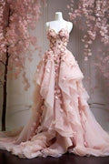 Vestido de Festa Longo em Tule Chiffon Rosa Doce com Apliques e Alças Finas Y8327