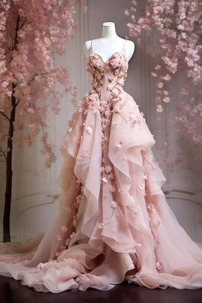 Vestido de Festa Longo em Tule Chiffon Rosa Doce com Apliques e Alças Finas Y8327