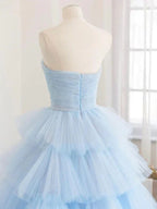 Vestido longo de baile de inverno em tule azul, vestido de noite em tule azul com camadas Y393