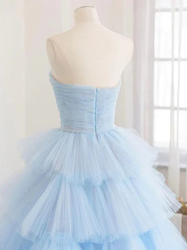 Vestido longo de baile de inverno em tule azul, vestido de noite em tule azul com camadas Y393