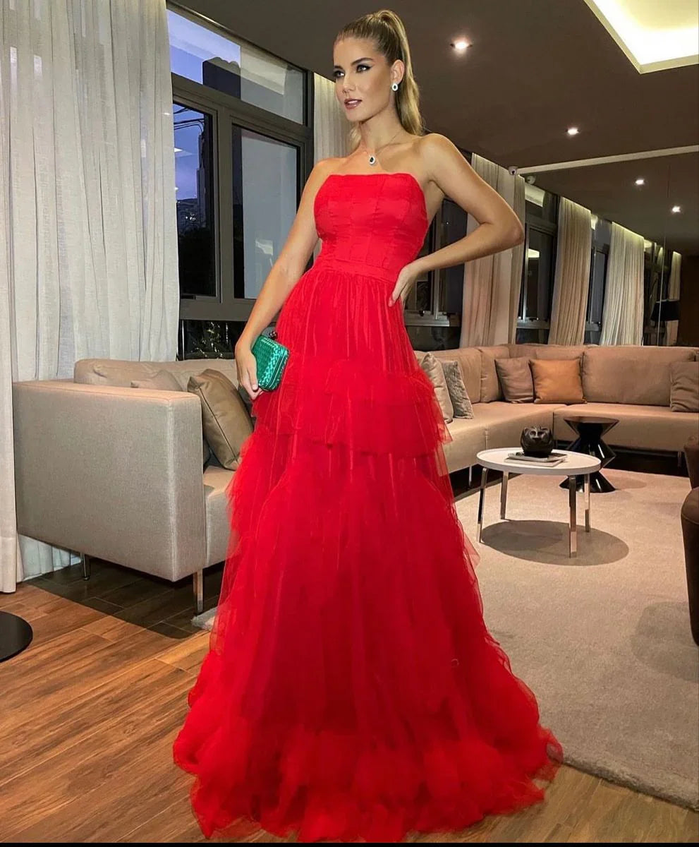 Abito da sera rosso lungo senza spalline in tulle, Abito da sera rosso lungo Y2354