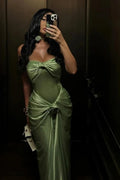 Vestido de noche largo de sirena plisado sin tirantes verde único Vestido largo de gala Y8430