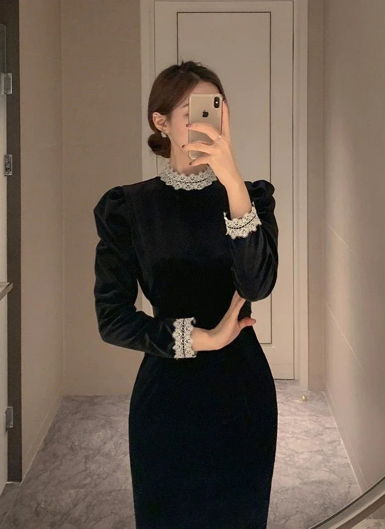 Abito da sera nero vintage a maniche lunghe Abito formale nero Y5695