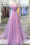 Vestido longo roxo brilhante para baile de finalistas com decote em V e costas descobertas Vestido formal roxo para cerimónia de graduação Y917