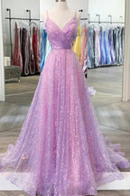 Vestido longo roxo brilhante para baile de finalistas com decote em V e costas descobertas Vestido formal roxo para cerimónia de graduação Y917