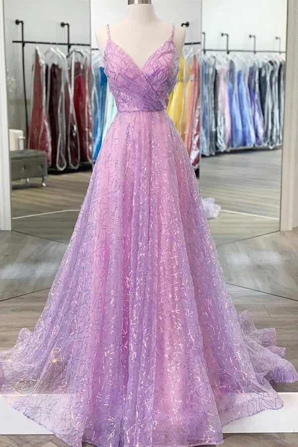 Vestido longo roxo brilhante para baile de finalistas com decote em V e costas descobertas Vestido formal roxo para cerimónia de graduação Y917